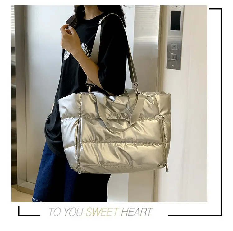 Women's Silver Puffer Shoulder Bag Large Capacity Lightweight — feature 1