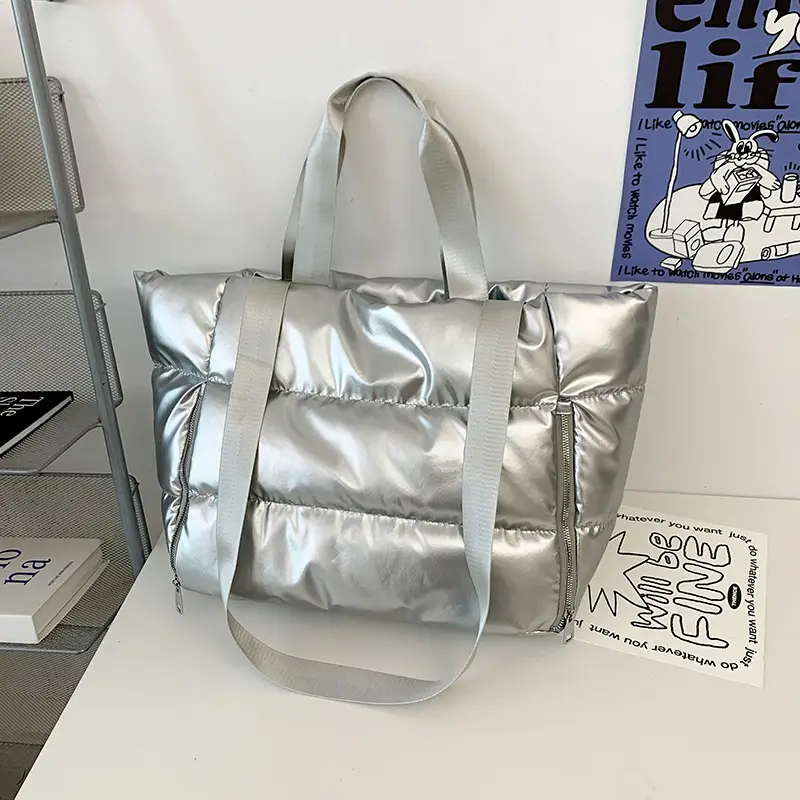 Women's Silver Puffer Shoulder Bag Large Capacity Lightweight — feature 27