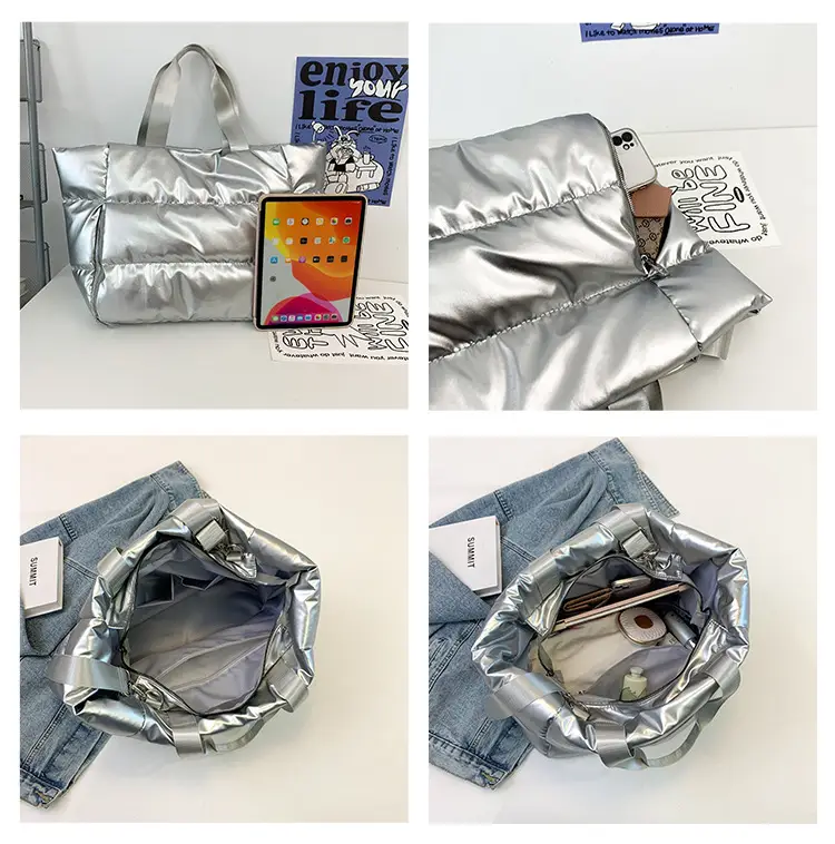 Women's Silver Puffer Shoulder Bag Large Capacity Lightweight — feature 7