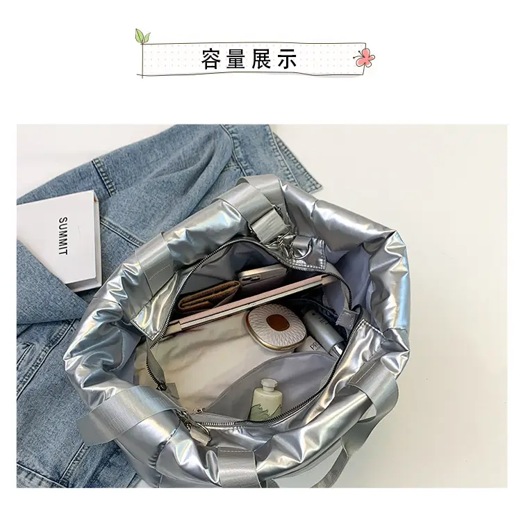 Women's Silver Puffer Shoulder Bag Large Capacity Lightweight — feature 8