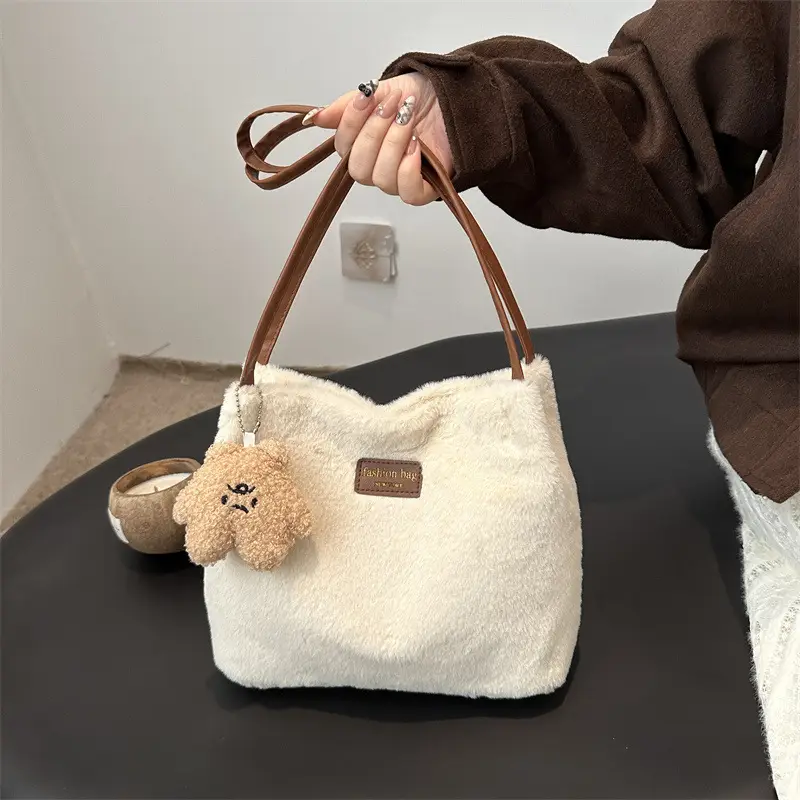 2025 Winter Plush Shoulder Bag Women Brown Pom Pom - Image 7