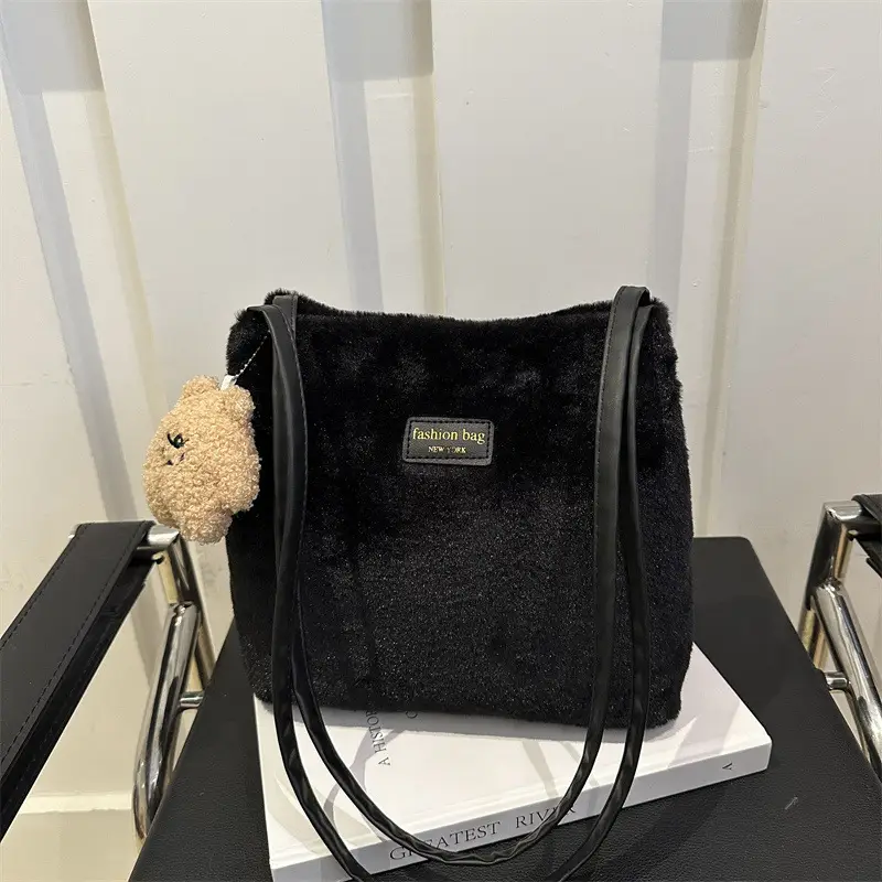 2025 Winter Plush Shoulder Bag Women Brown Pom Pom - Image 8