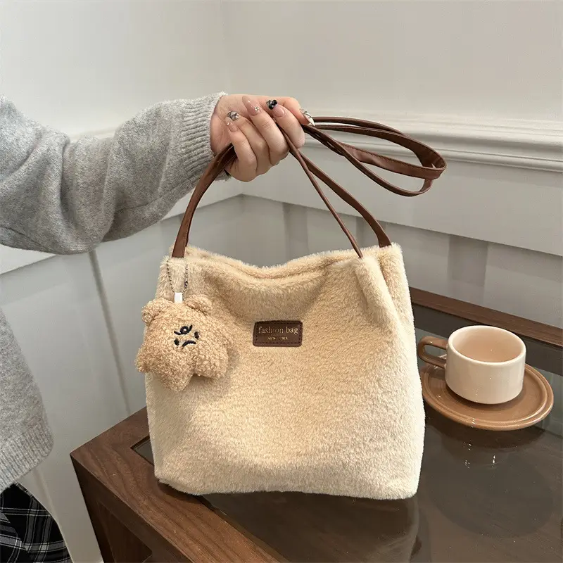 2025 Winter Plush Shoulder Bag Women Brown Pom Pom - Image 9