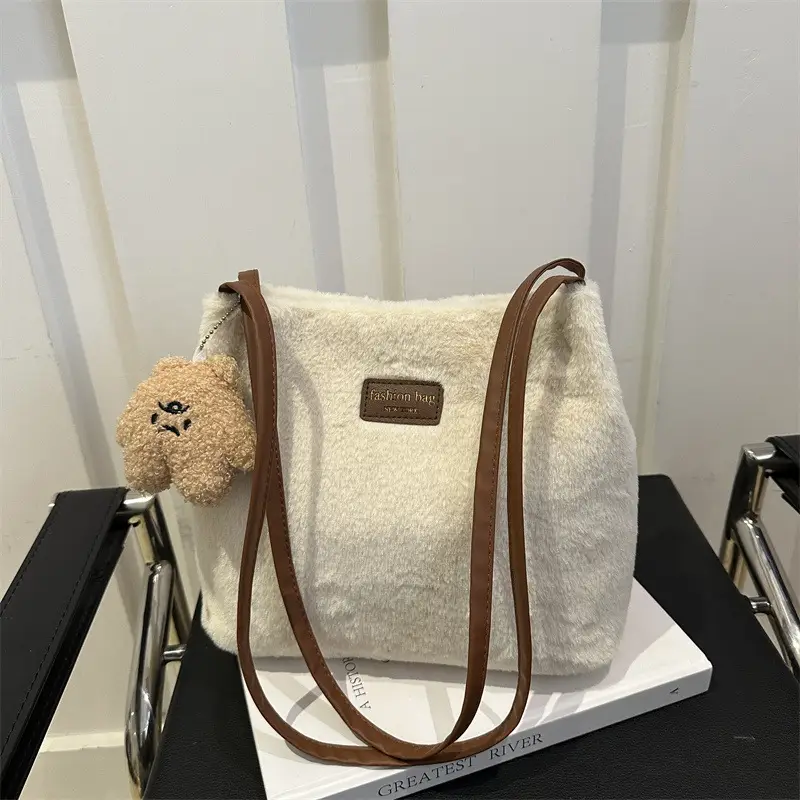 2025 Winter Plush Shoulder Bag Women Brown Pom Pom - Image 10