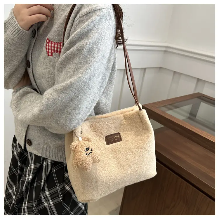 2025 Winter Plush Shoulder Bag Women Brown Pom Pom — feature 12