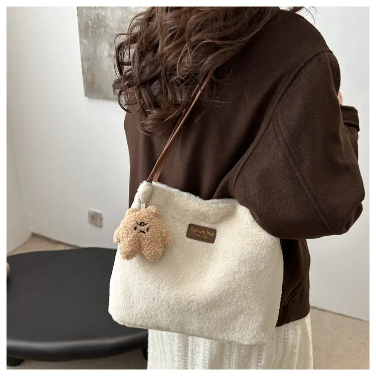 2025 Winter Plush Shoulder Bag Women Brown Pom Pom — feature 7