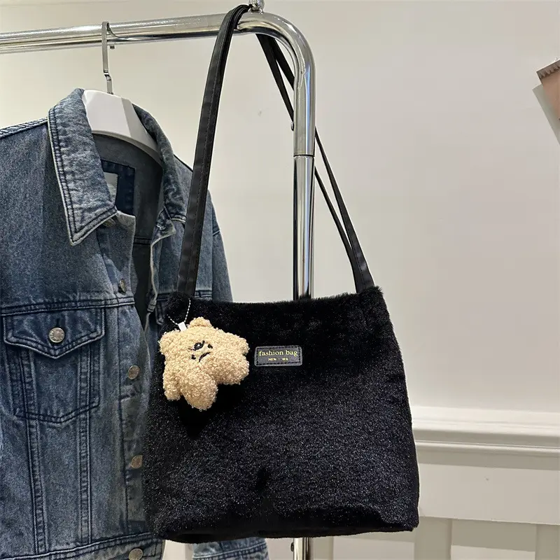 2025 Winter Plush Shoulder Bag Women Brown Pom Pom - Image 4