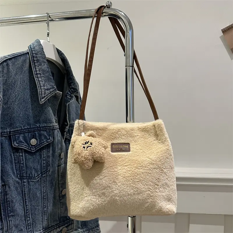 2025 Winter Plush Shoulder Bag Women Brown Pom Pom - Image 5
