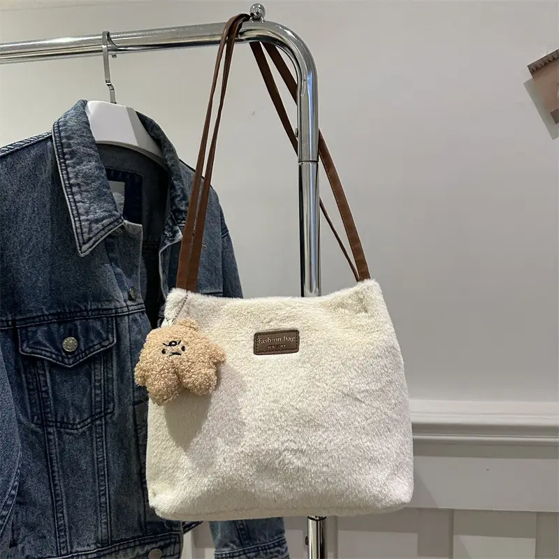 2025 Winter Plush Shoulder Bag Women Brown Pom Pom - Image 6