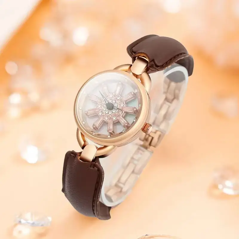 Women's Rotating Snowflake Watch with Brown Leather Band - Image 3