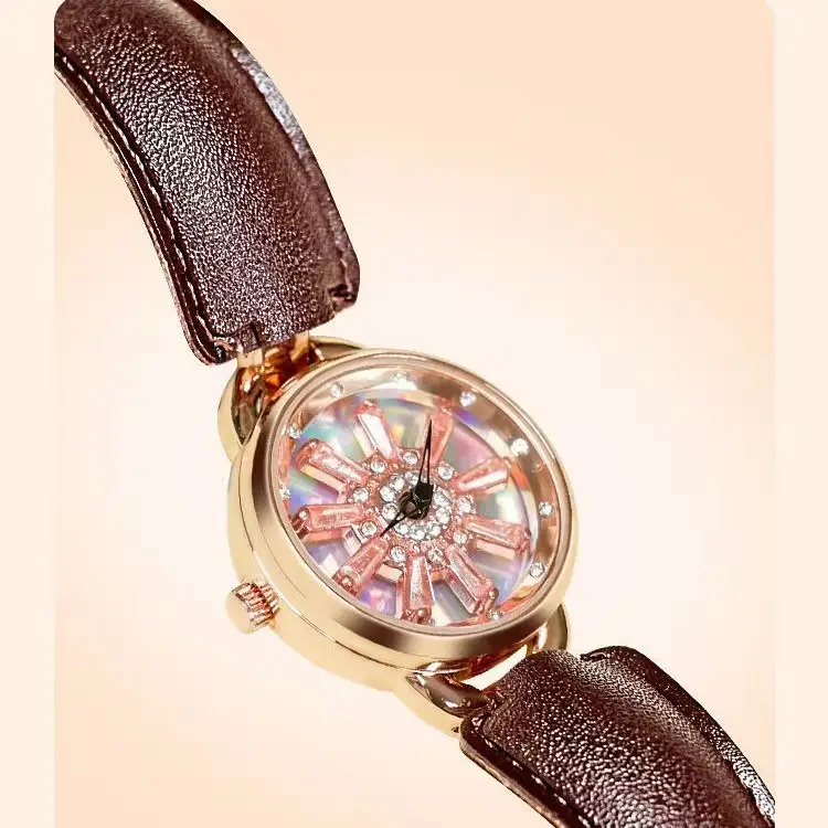 Women's Rotating Snowflake Watch with Brown Leather Band - Image 4