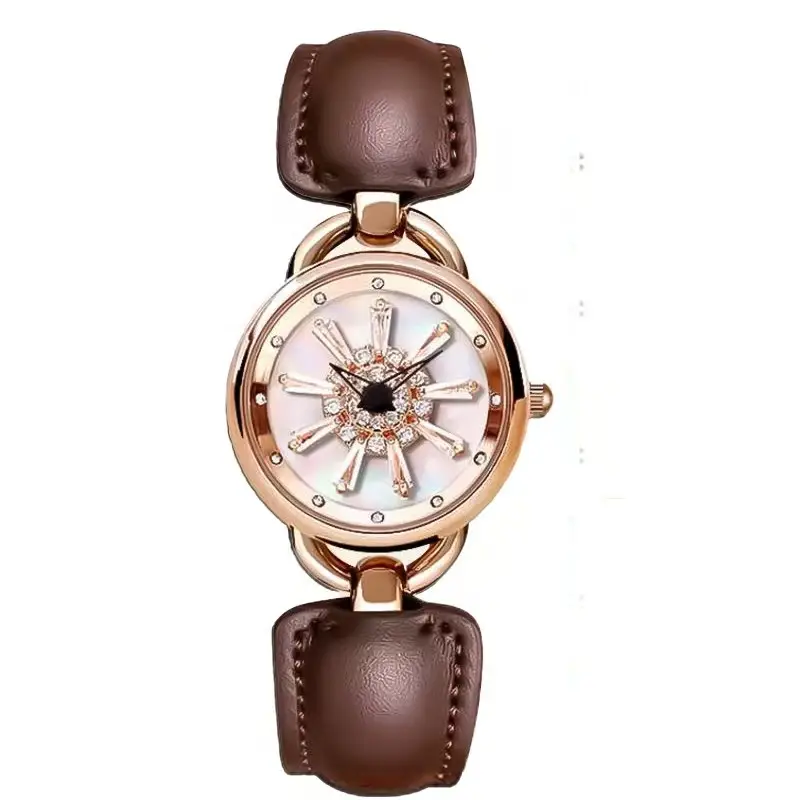 Women's Rotating Snowflake Watch with Brown Leather Band - Image 2