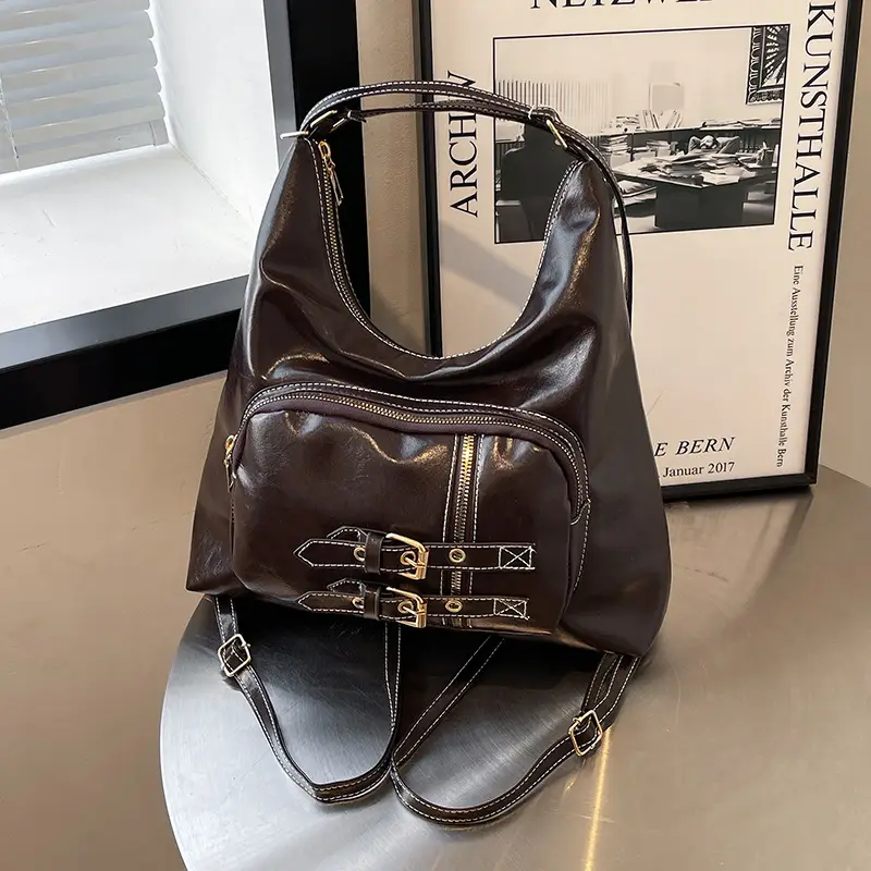 2026 Mori Women's Brown Shoulder Bag with Belt Buckle - Image 5