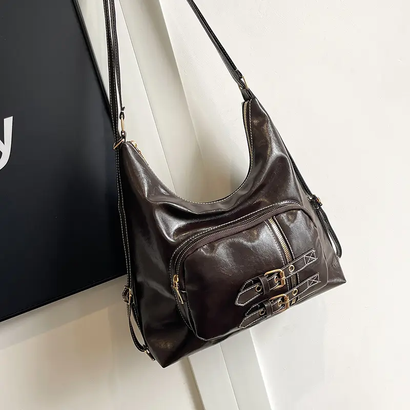 2026 Mori Women's Brown Shoulder Bag with Belt Buckle - Image 6