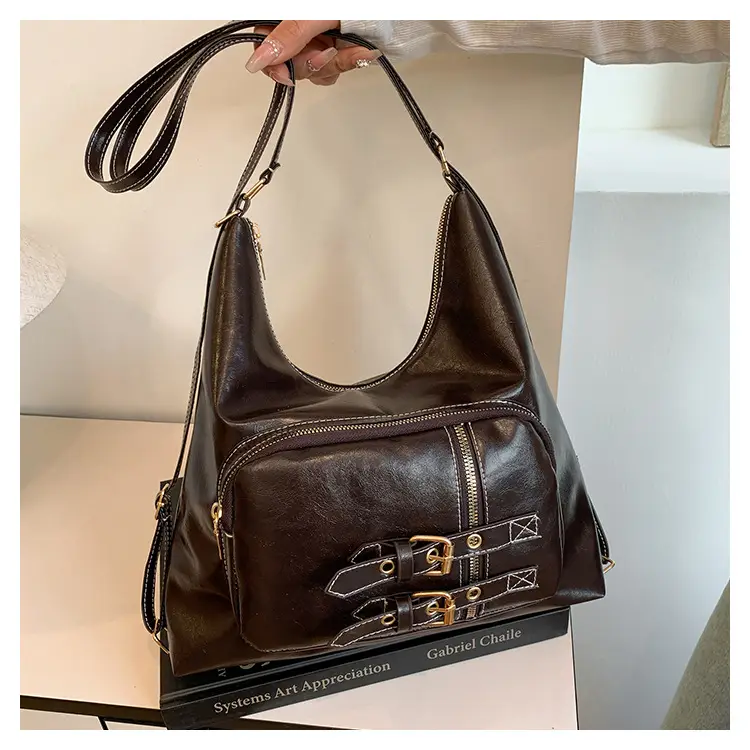 2026 Mori Women's Brown Shoulder Bag with Belt Buckle — feature 20