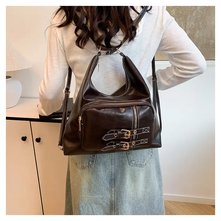 2026 Mori Women's Brown Shoulder Bag with Belt Buckle — feature 30