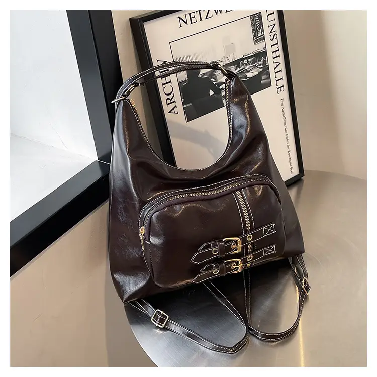 2026 Mori Women's Brown Shoulder Bag with Belt Buckle — feature 42