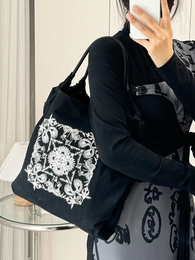 Women Embroidered Waterproof Shoulder Bag Black - Image 18