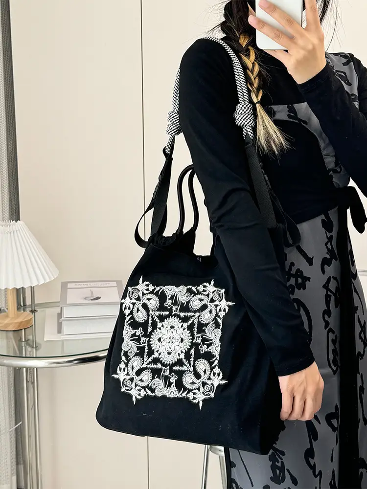 Women Embroidered Waterproof Shoulder Bag Black - Image 19