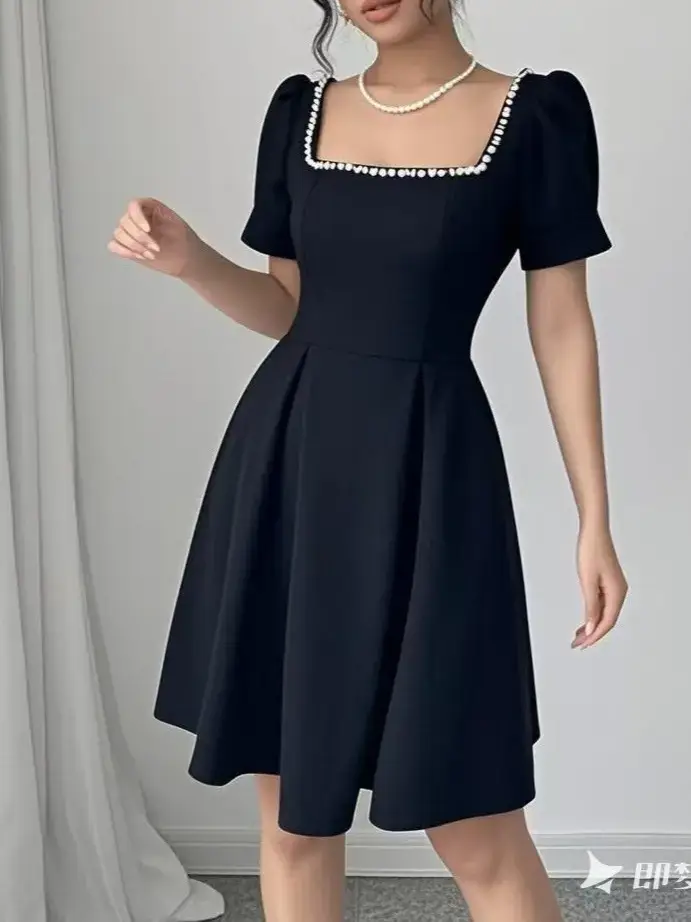 Women's Blue Bubble Beaded Square Collar Dress Spring Puff Sleeves - Image 3