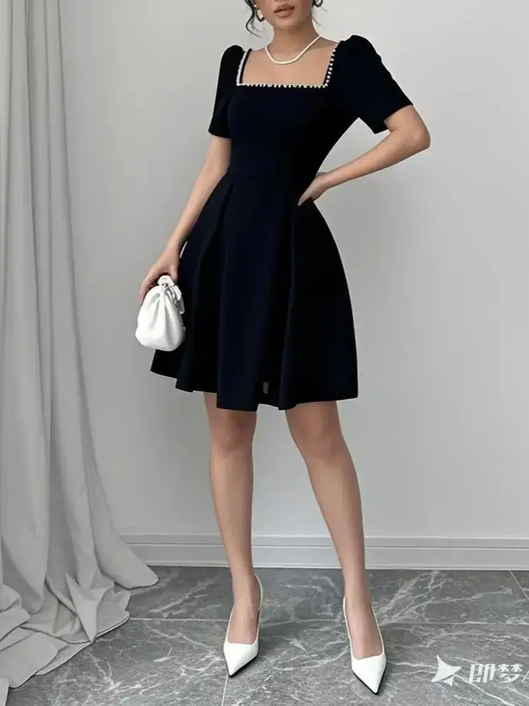 Women's Blue Bubble Beaded Square Collar Dress Spring Puff Sleeves - Image 4