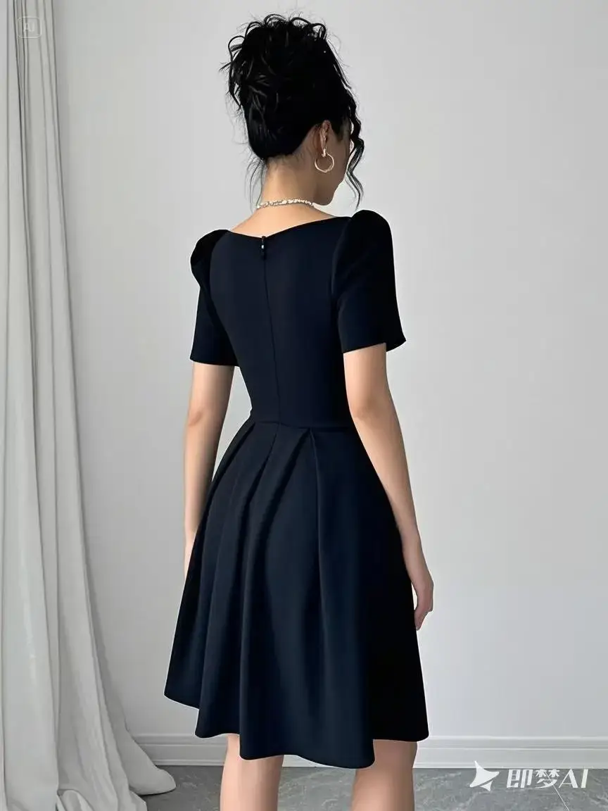 Women's Blue Bubble Beaded Square Collar Dress Spring Puff Sleeves - Image 5