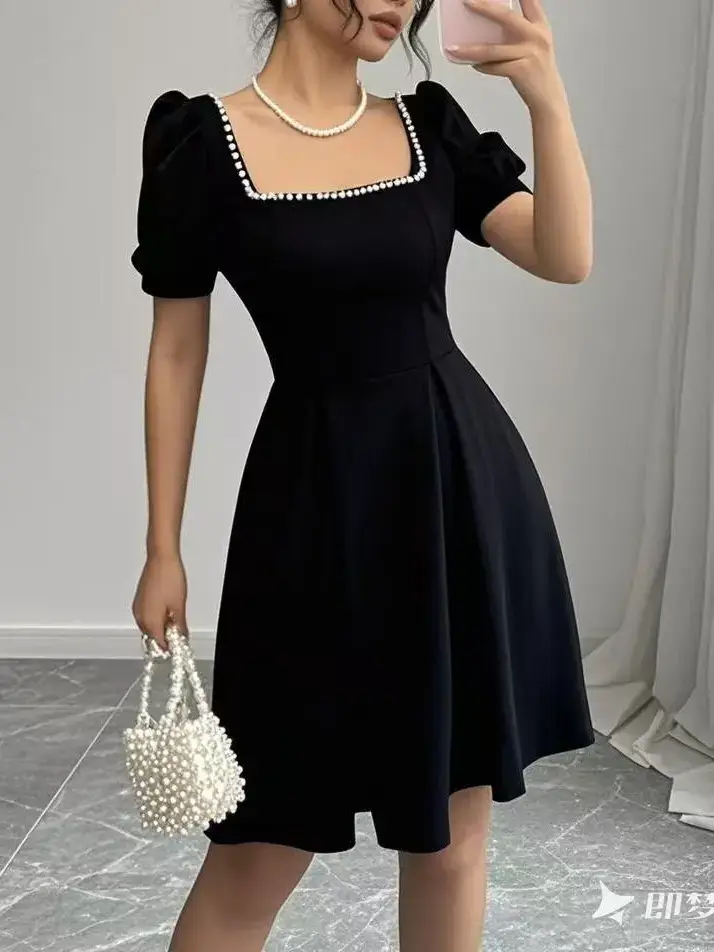 Women's Blue Bubble Beaded Square Collar Dress Spring Puff Sleeves - Image 6