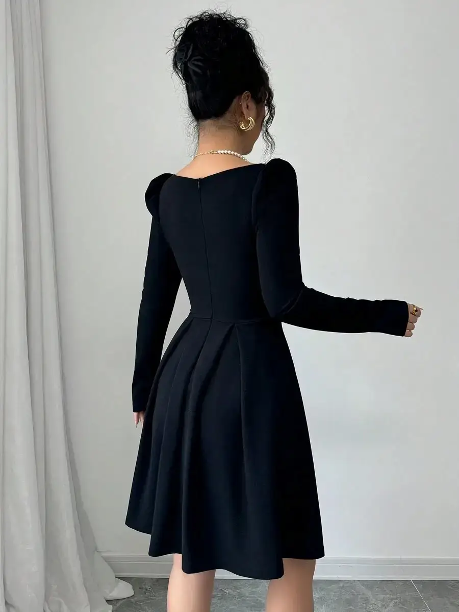 Women's Blue Bubble Beaded Square Collar Dress Spring Puff Sleeves — feature 4