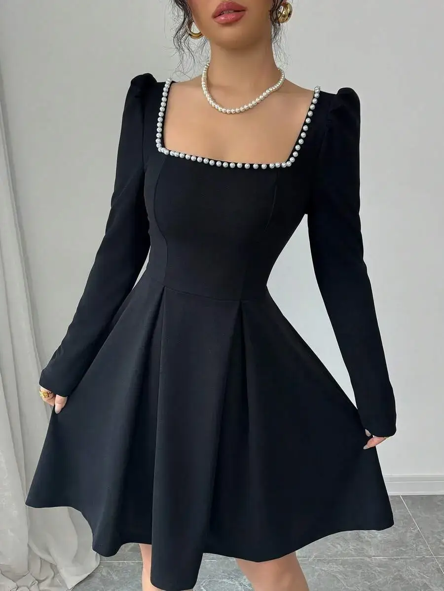 Women's Blue Bubble Beaded Square Collar Dress Spring Puff Sleeves — feature 5