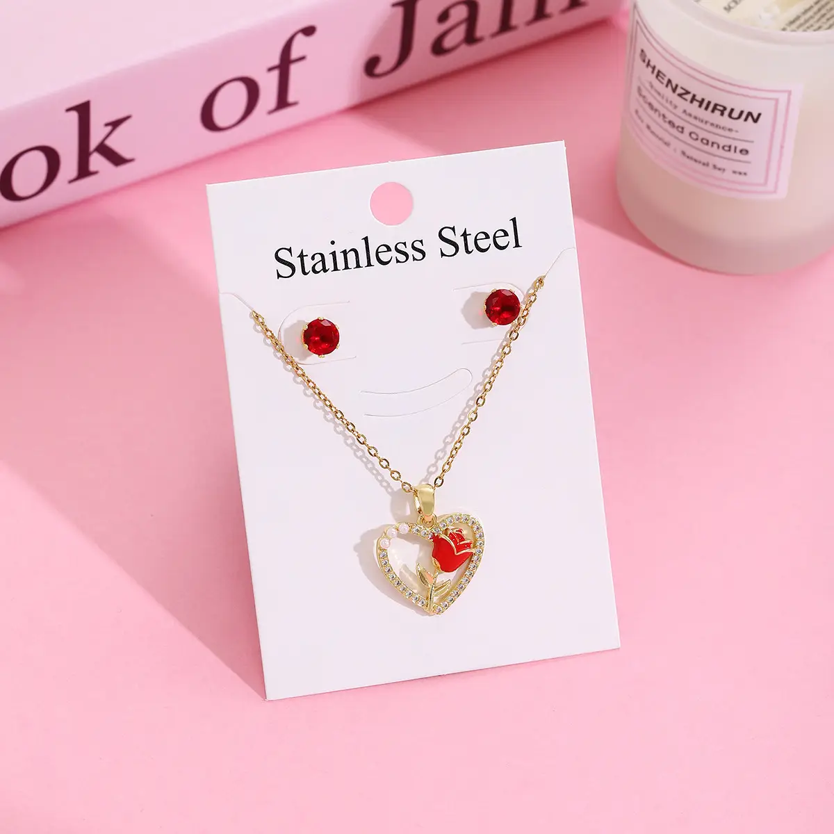Stainless Steel Red Cherry Necklace Earrings Set for Women