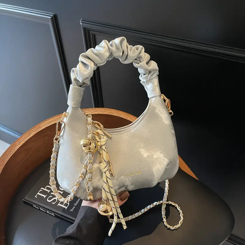Women Pleated Shoulder Bag Beige Gold Chain 2025 - Image 6