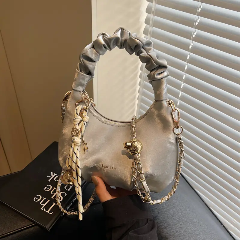 Women Pleated Shoulder Bag Beige Gold Chain 2025 - Image 7