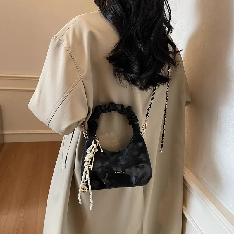Women Pleated Shoulder Bag Beige Gold Chain 2025 - Image 8