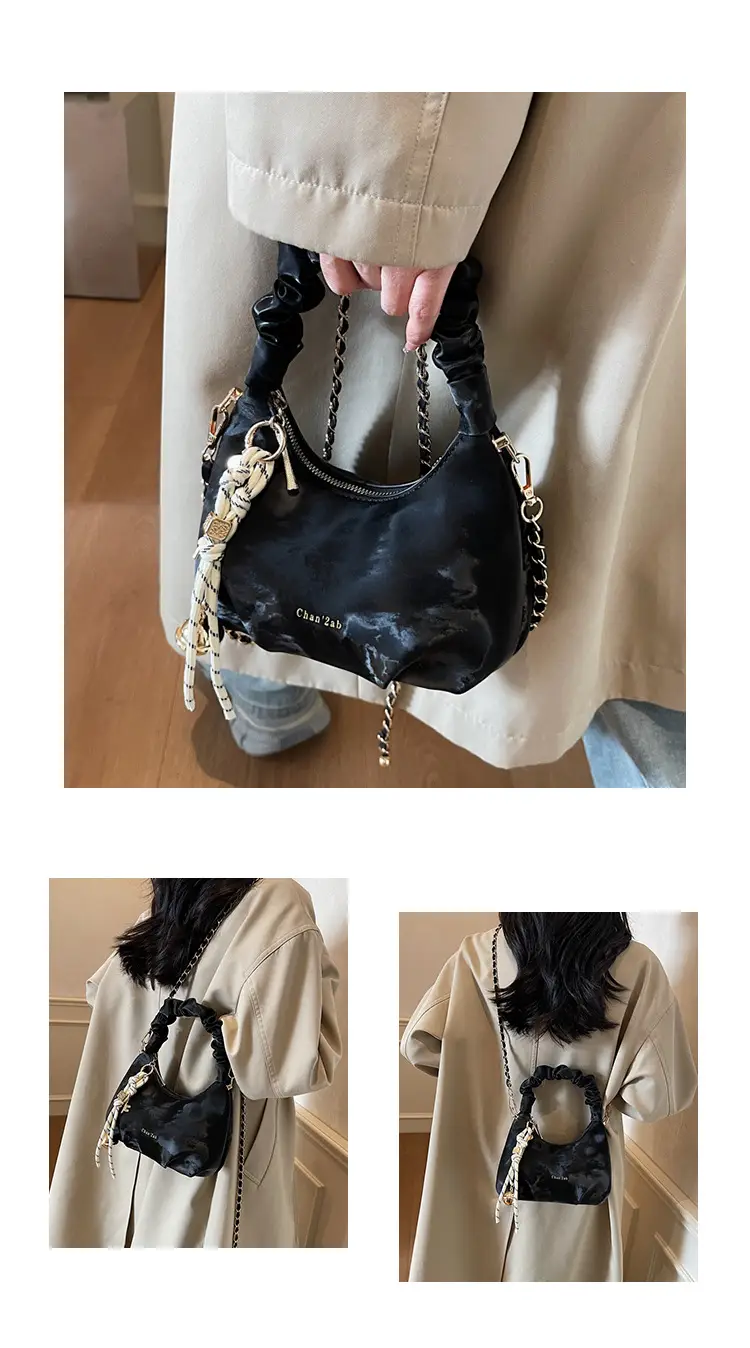 Women Pleated Shoulder Bag Beige Gold Chain 2025 — feature 10