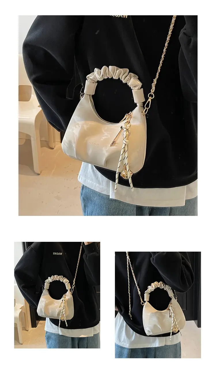 Women Pleated Shoulder Bag Beige Gold Chain 2025 — feature 11