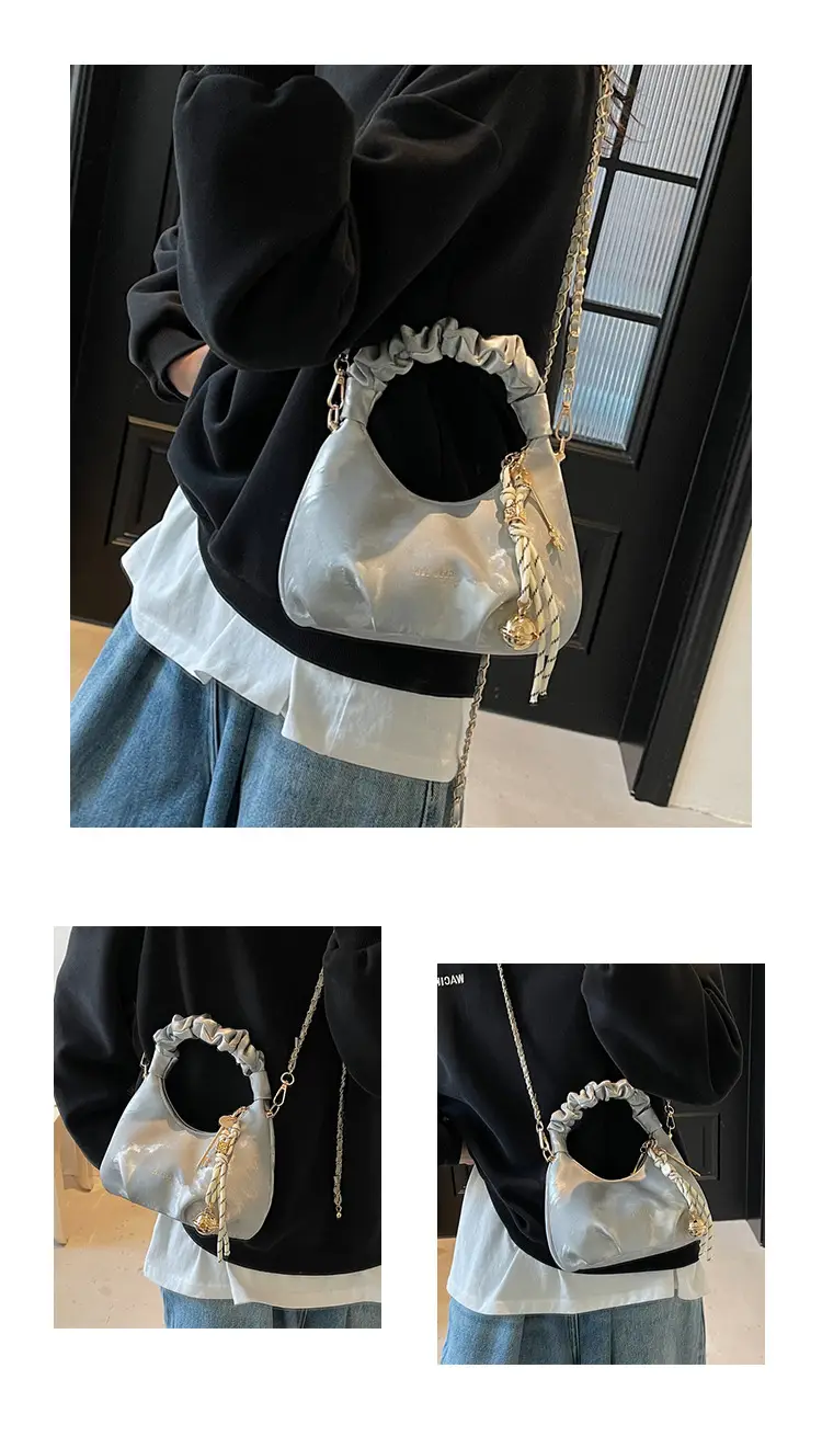 Women Pleated Shoulder Bag Beige Gold Chain 2025 — feature 12