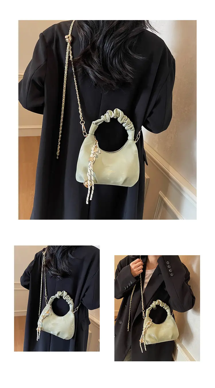 Women Pleated Shoulder Bag Beige Gold Chain 2025 — feature 13