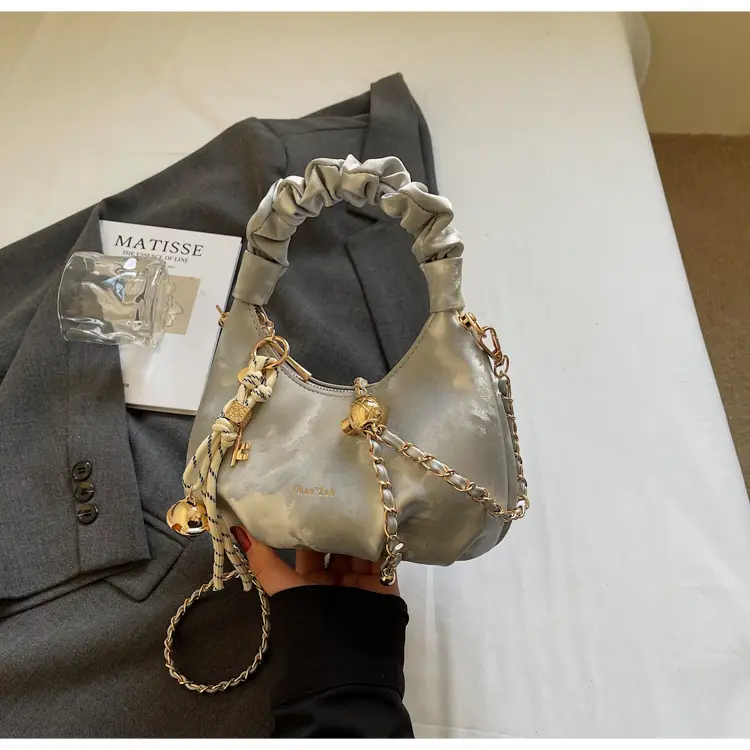 Women Pleated Shoulder Bag Beige Gold Chain 2025 — feature 25