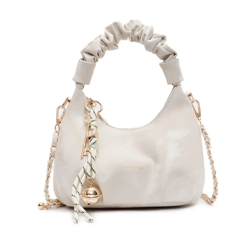 Women Pleated Shoulder Bag Beige Gold Chain 2025 - Image 2
