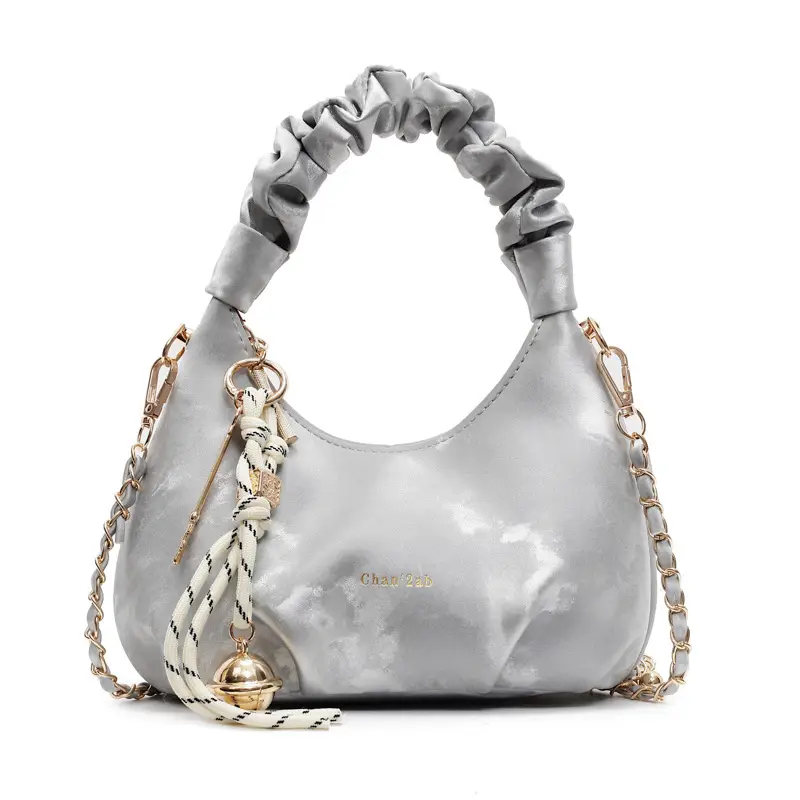 Women Pleated Shoulder Bag Beige Gold Chain 2025 - Image 3