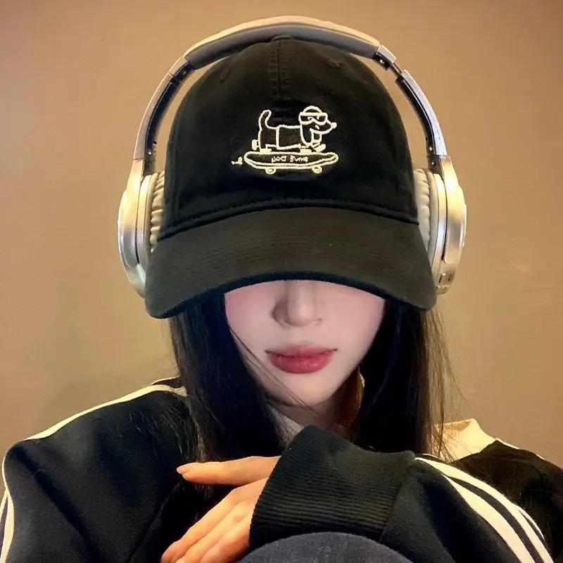 Puppy Embroidered Baseball Cap Women Korean Style Black Wide Brim Big Face Showface Small Hat - Image 2