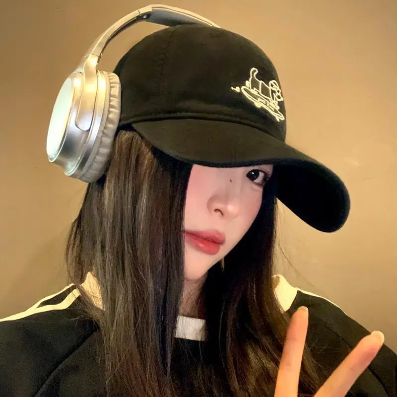 Puppy Embroidered Baseball Cap Women Korean Style Black Wide Brim Big Face Showface Small Hat - Image 3