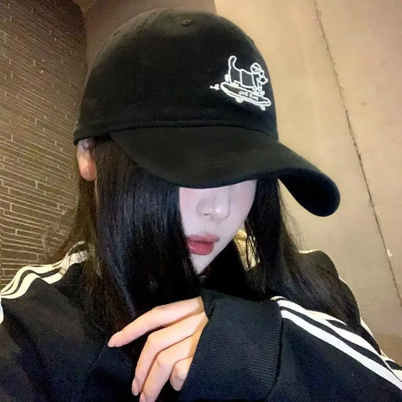 Puppy Embroidered Baseball Cap Women Korean Style Black Wide Brim Big Face Showface Small Hat - Image 6