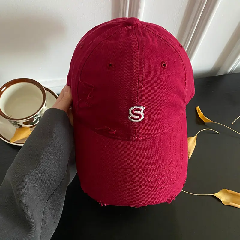 Women Distressed Hole-In-Hall Peaked Cap Yellow