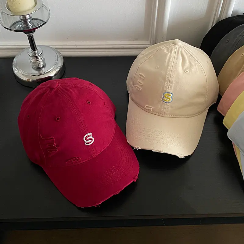 Women Distressed Hole-In-Hall Peaked Cap Yellow