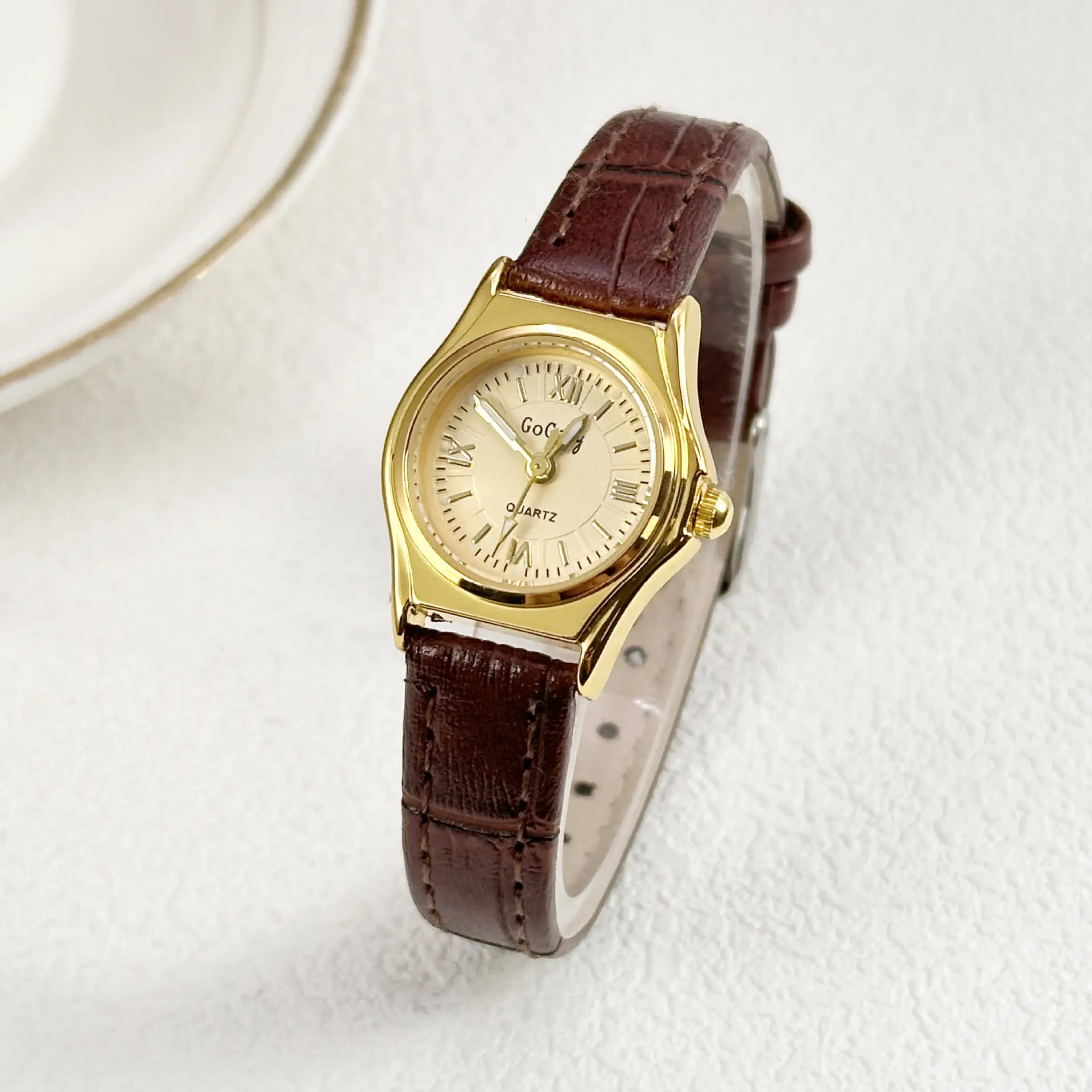 Women's Black Leather Strap Quartz Watch with Silver Case - Image 2