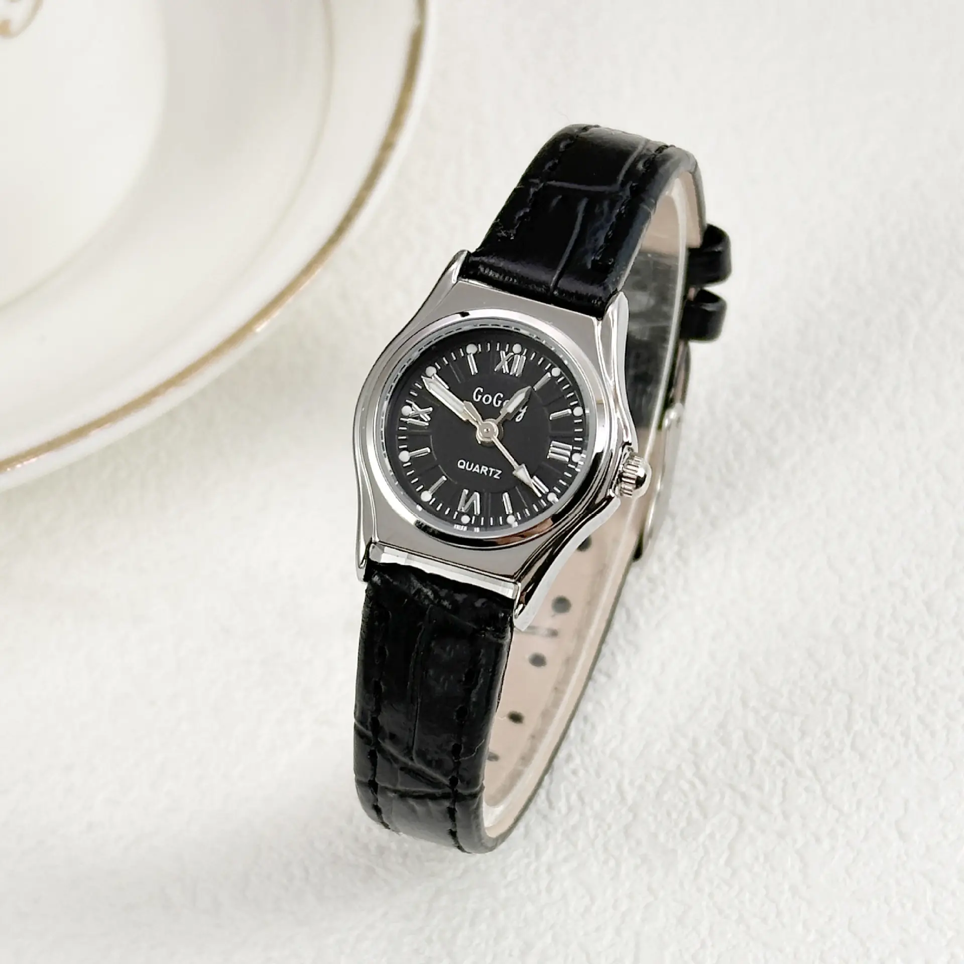 Women's Black Leather Strap Quartz Watch with Silver Case - Image 3