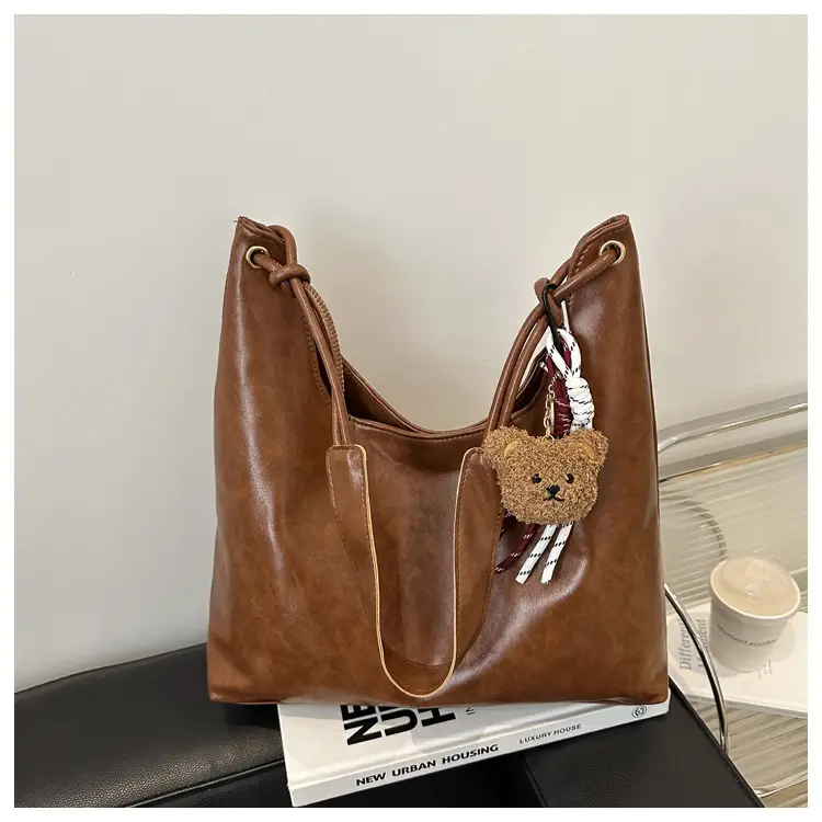 Retro Brown Large Capacity Shoulder Tote Bag - Image 4