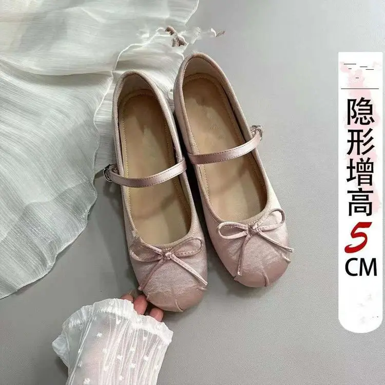 Korean Style Small Invisible Height-increasing Ballet Shoes Women's 2025 New Arrival Bow Shallow Mouth Satin Outer Wear Single-layer Shoes for Women — feature 11
