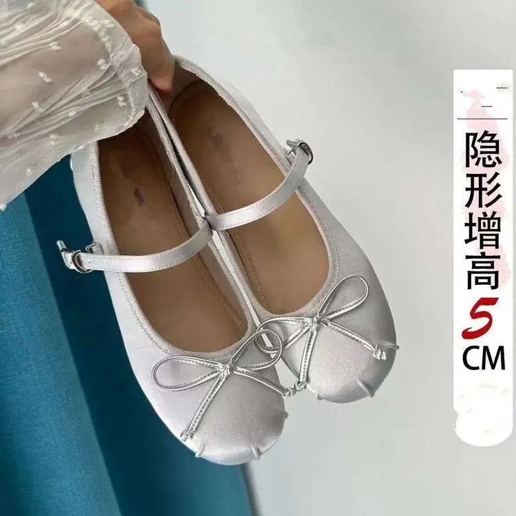 Korean Style Small Invisible Height-increasing Ballet Shoes Women's 2025 New Arrival Bow Shallow Mouth Satin Outer Wear Single-layer Shoes for Women — feature 4